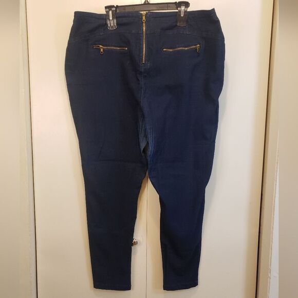 Dark Blue Denim Pull On Ankle Skinny Jeans Gold Exposed Zipper Detail Stretchy - Picture 1 of 9
